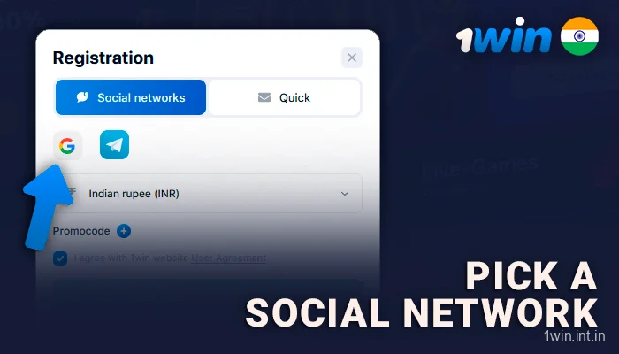 Select the social network where you are going to create an 1Win account