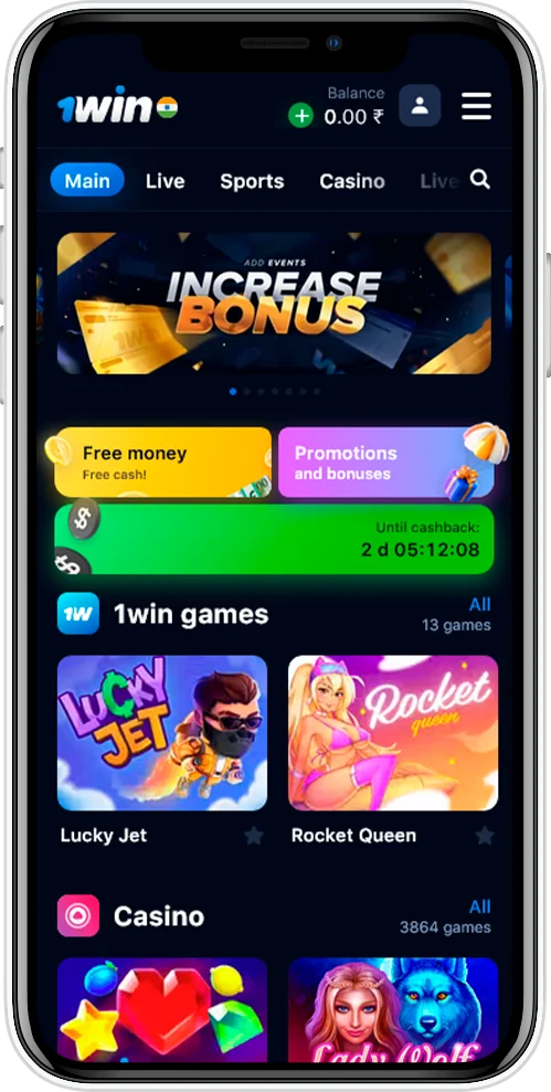 1win mobile app home screen