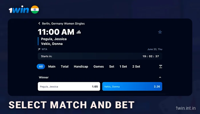 Select tennis match and bet at 1Win India